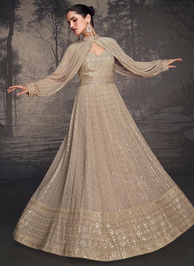 Georgette  Cream Party Wear Embroidery Work Readymade Gown With Dupatta